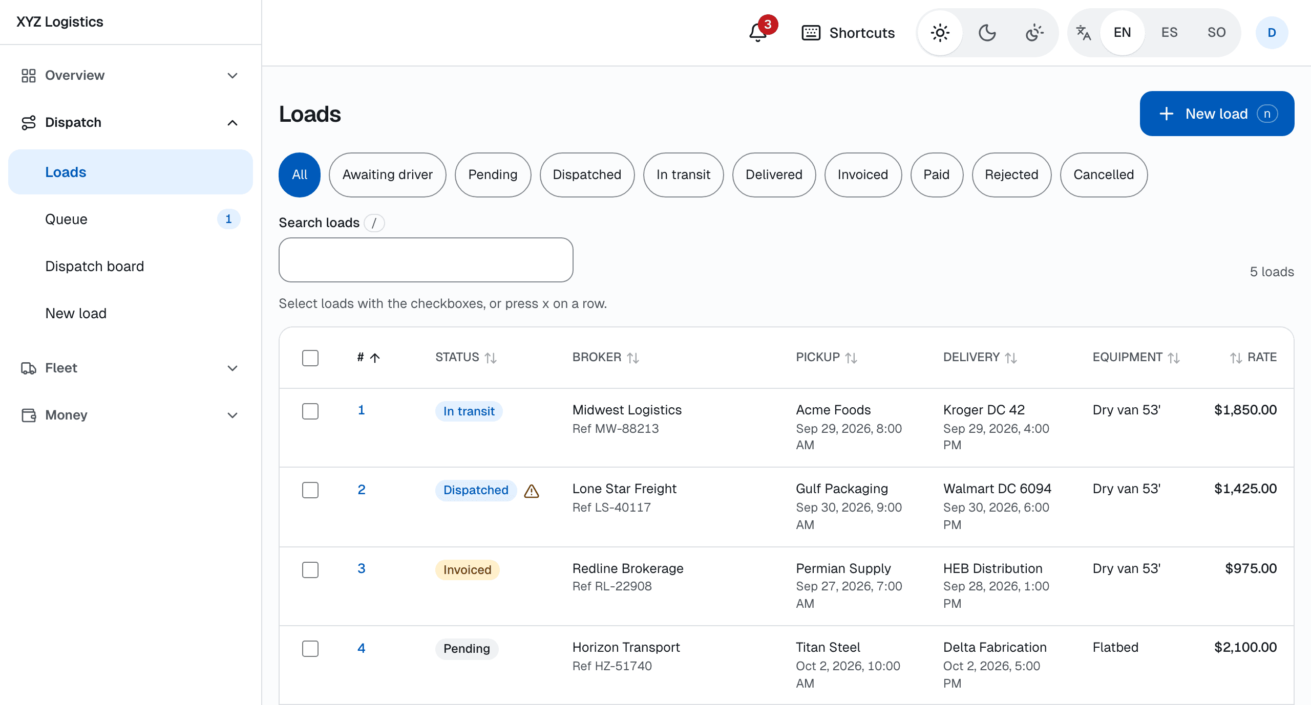 The Freight Friend loads board: four loads — In transit, Dispatched, Invoiced and Pending — with brokers, stops, dates and rates.